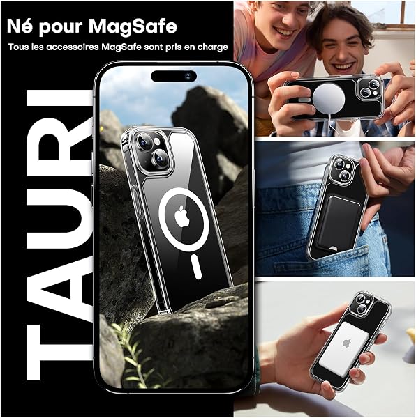 TAURI Coque Magnétique pour iPhone 15 avec Protection écran, [Compatible avec MagSafe] Protection Anti-Choc Mince et Anti-Chute - Transparent - 3