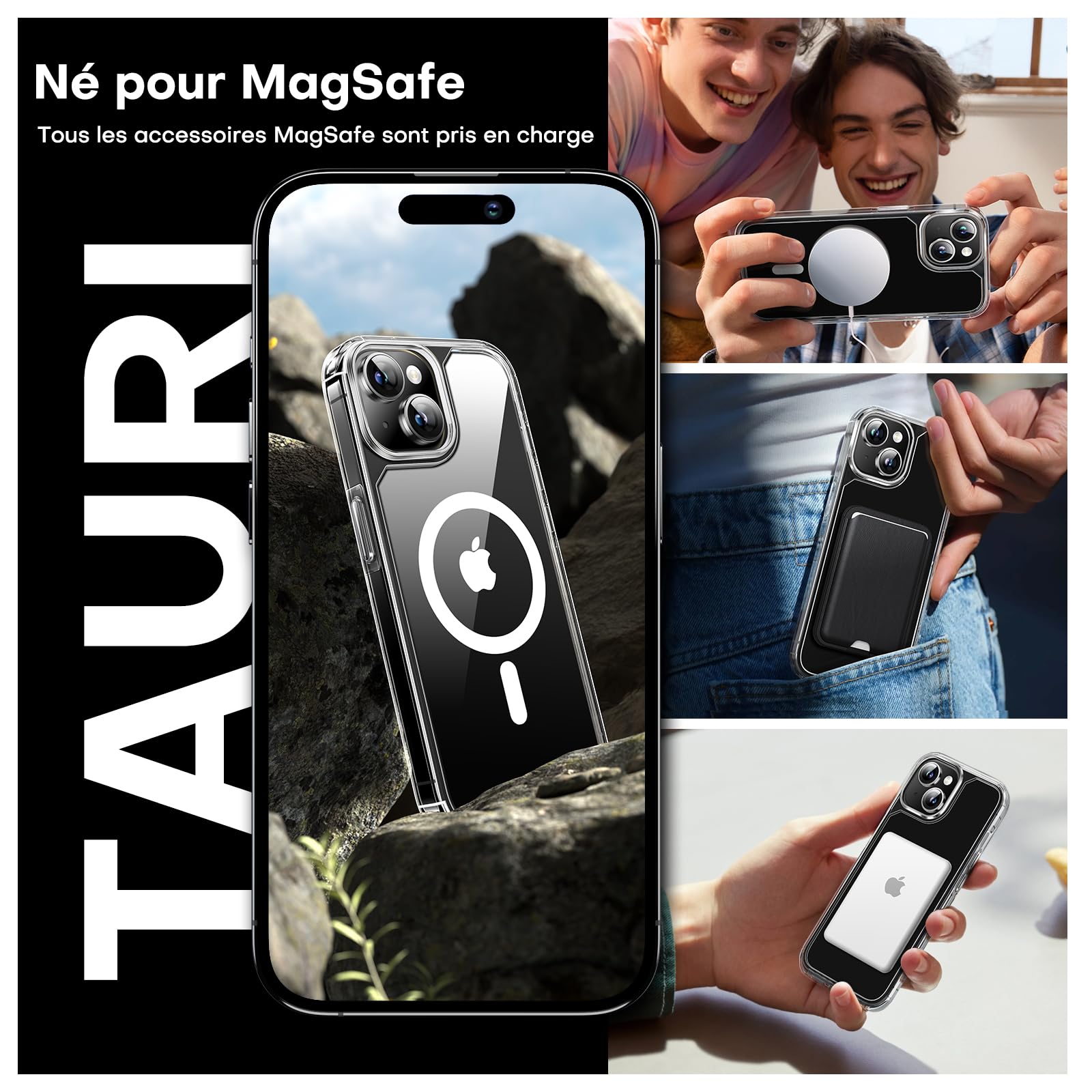TAURI Coque Magnétique pour iPhone 15 avec Protection écran, [Compatible avec MagSafe] Protection Anti-Choc Mince et Anti-Chute - Transparent - 3