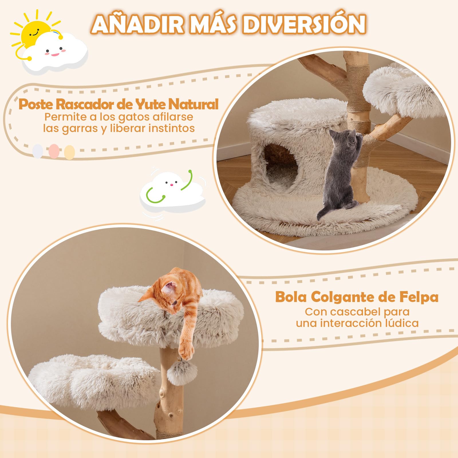 COSTWAY Árbol para Gatos Moderno de Madera Maciza, 102 cm Torre Gatos Rascador Acolchado con Felpa Extra Suave, Rascador para Gatito, 3 Plataformas, Poste de Yute, Nido, Bola Colgante, Blanco