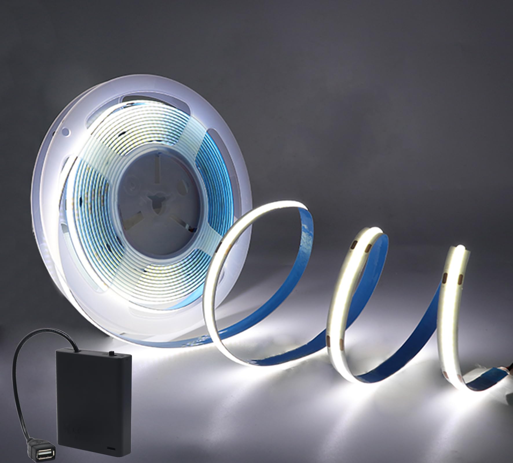 Wisada 5V COB LED Light Strip USB Powered [4m, White Light 6000-6500K], 320 LEDs/m Flexible Indoor FCOB LED Fairy Light CRI90+, with USB 4AA Battery Box, Home Decoration - Batteries not Included — image 1