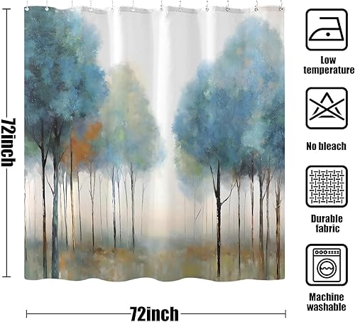 Miniatura 6 de Cortina de ducha de tela con diseño de árbol azul, cortinas de ducha de tela, juego de decoración de baño con 12 ganchos, árbol azul, 72 x 72