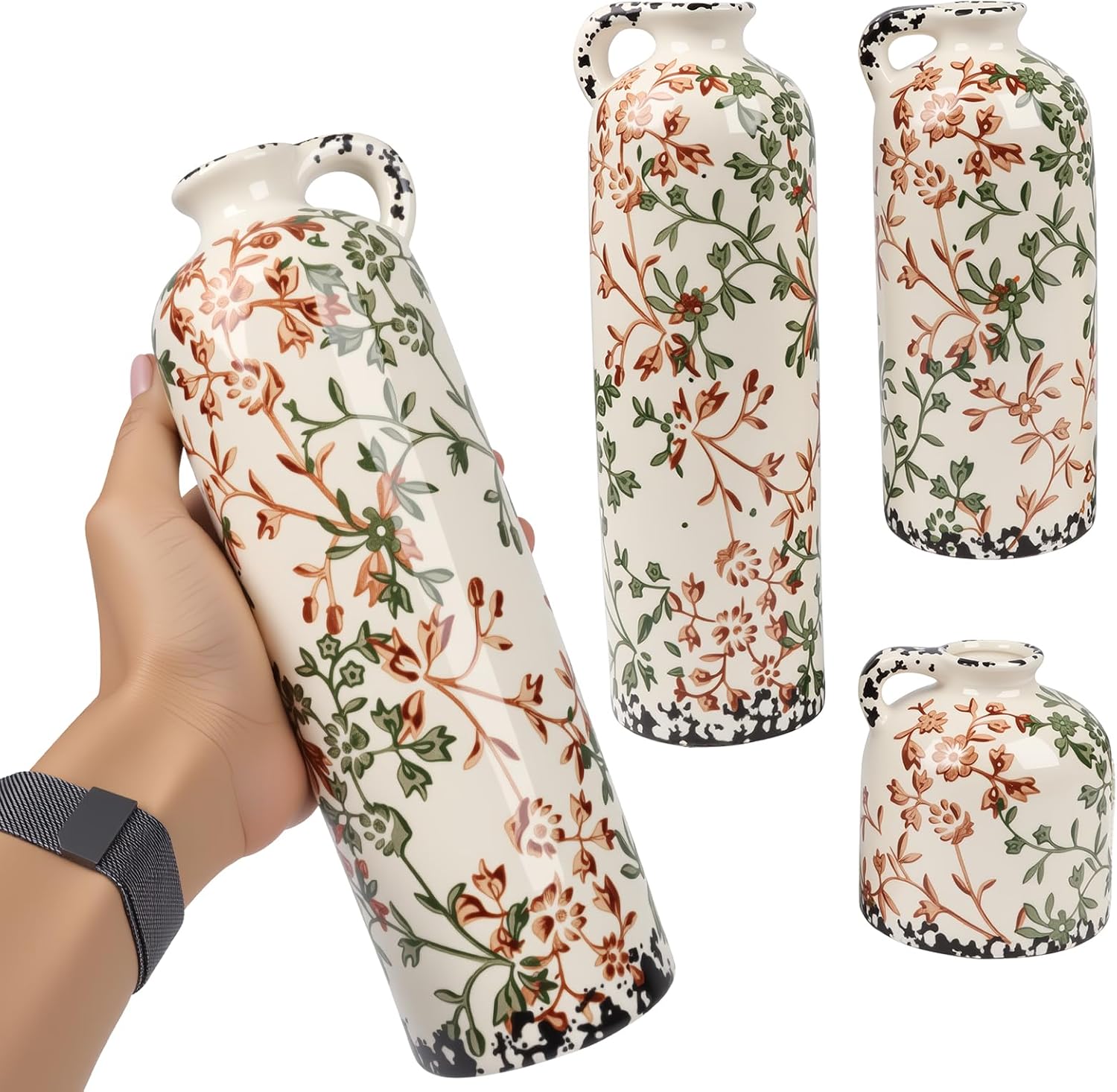 BestYiJo Ceramic Vase Set of 3, Vintage Green & Beige Hand-Painted Chinese Floral Vases - Rustic Farmhouse Decor for Living Room, Kitchen, Bookshelf | Grand Millennial Home Gift