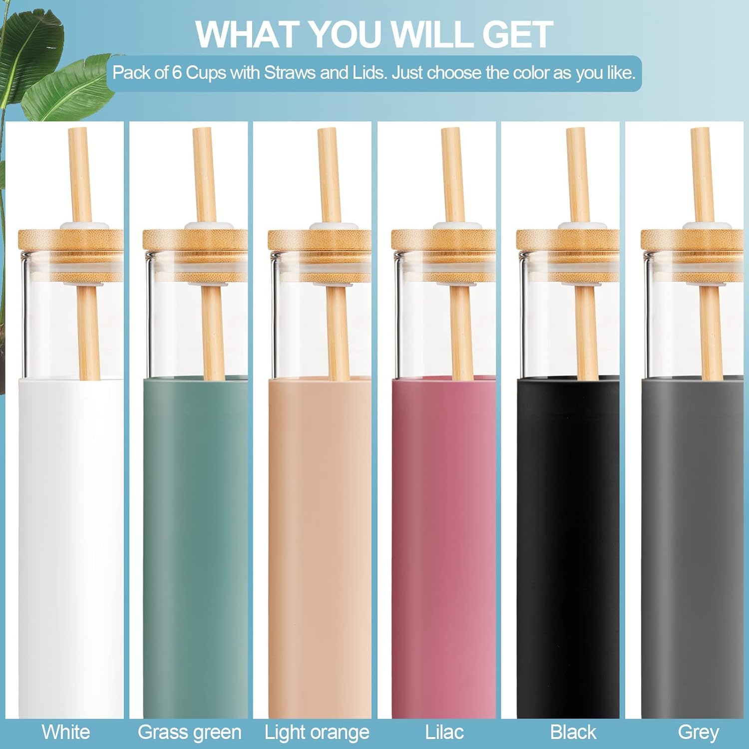  | 6 Pack Glass Tumblers with Bamboo Lid and Straw Reusable Iced Coffee Cups Smoothie Tumbler Aesthetic Travel Straw Cups Glass Water Bottle with Silicone Protective Sleeve and Brush (20 oz): Tumblers & Water Glasses