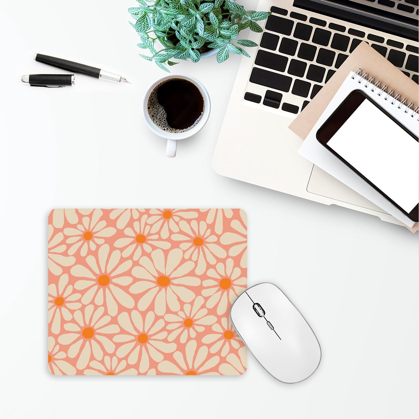 Orange Floral Mouse Pad, Daisy Flowers Mousepad, Abstract Computer Small Cute Mouse Pad, Washable Cloth Non-Slip Rubber Base Mouse Mat for Office, Aesthetic Modern Art - Image 6