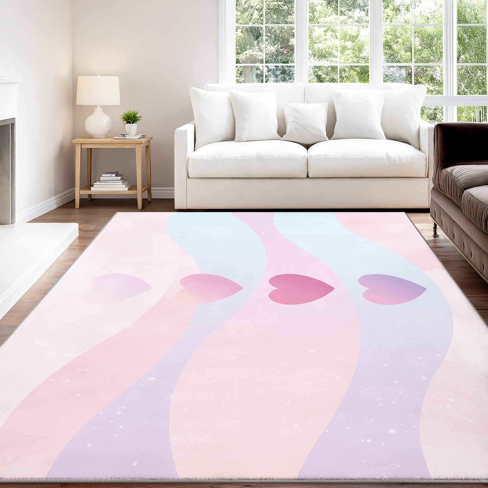 Tappeto moderno romantico per soggiorno, 140 x 200 cm, lavabile, antiscivolo, morbido, a pelo basso, antimacchia, motivo a cuori, per interni, decorazione per la casa