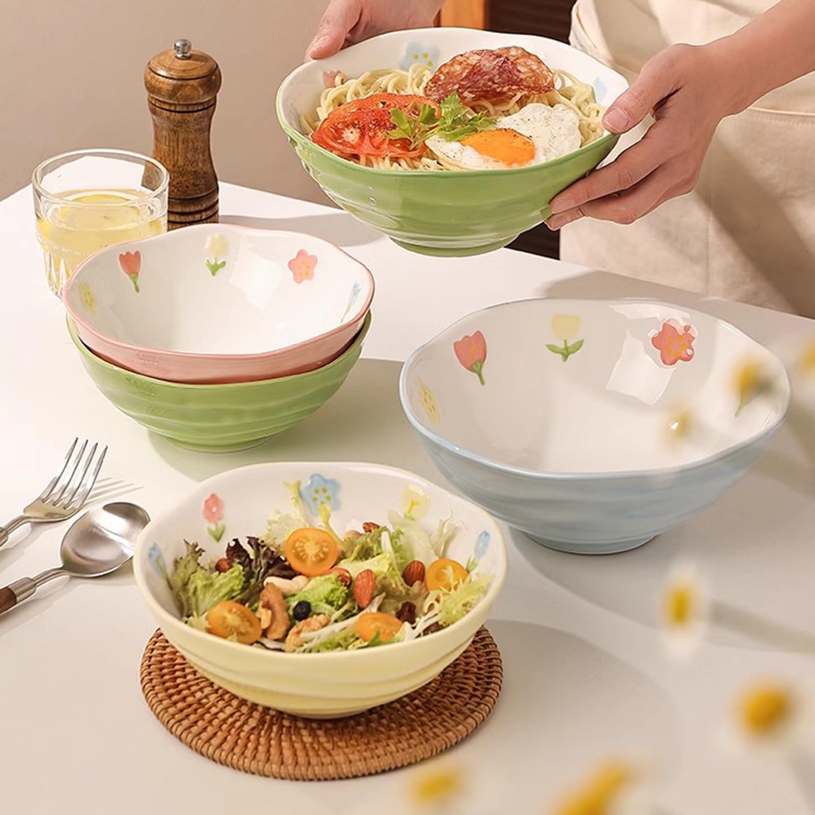 Bol de céréales Bol à soupe en céramique, 2 pièces, bol à nouilles lamiennes ménagères, Turquoise, four à micro-ondes disponible, bol en céramique, bol à salade à Texture de fil Bols à soupe pour la c