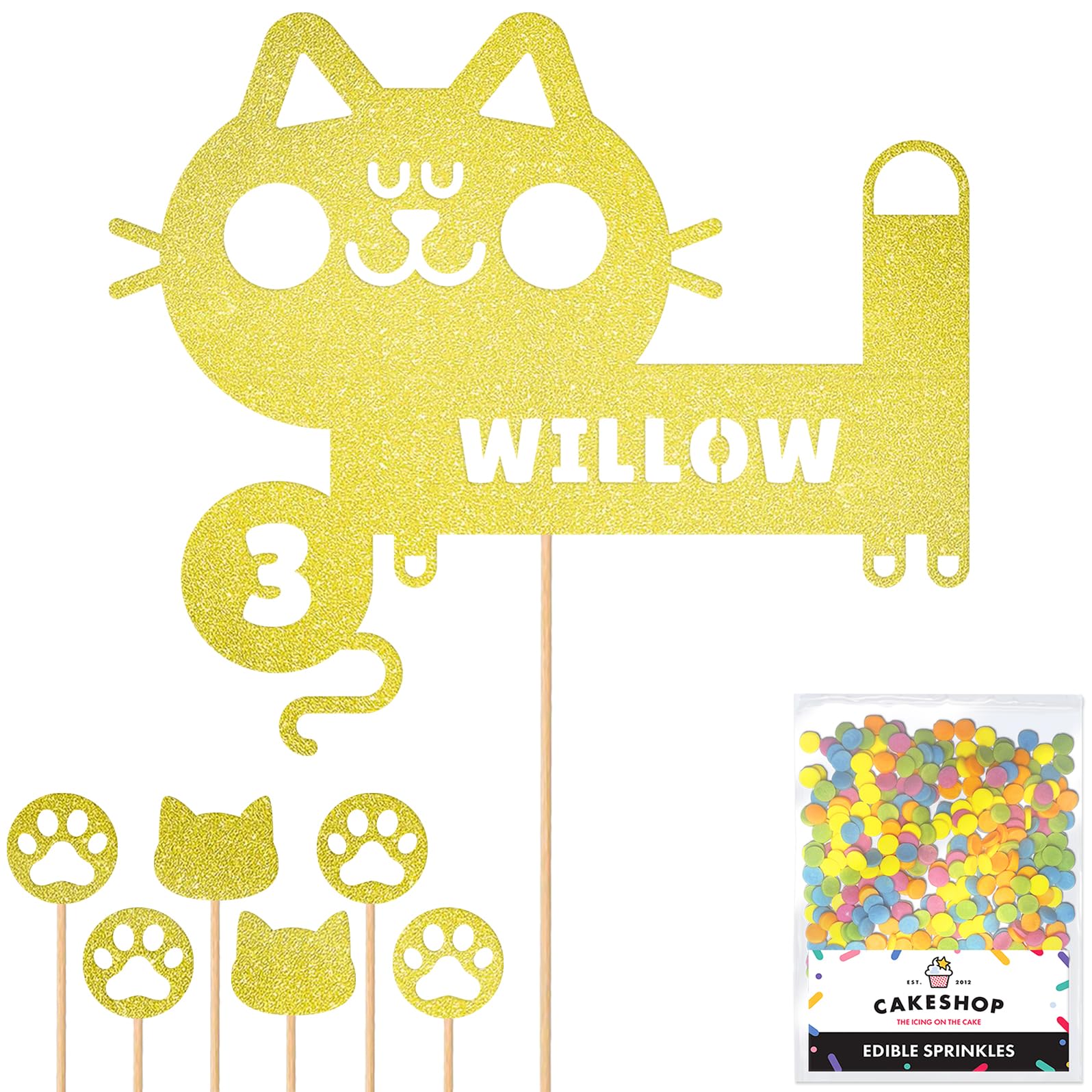 Personalised Birthday Cat Kitten Glitter Cake Topper- Champagne Any Name & Age Glitter Cake Decoration and Sprinkles - Happy Birthday Decorations - Personalised Toppers for Cakes by Cakeshop — image 1