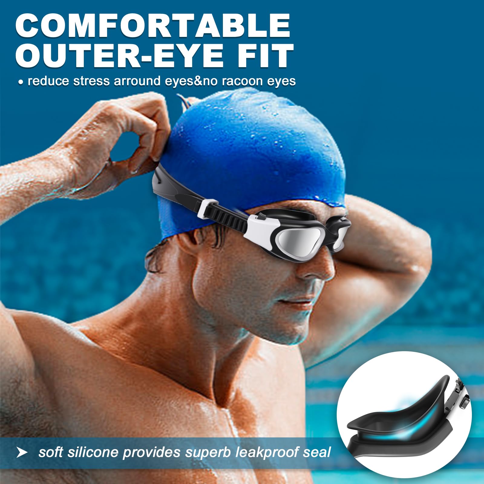 Gafas de natación polarizadas/no polarizadas, antiempañamiento UV a prueba de fugas silicona suave visión clara fáciles de ajustar para adultos y adolescentes