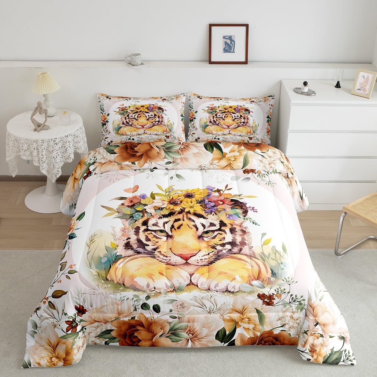 Feelyou Kids Cute Tiger Comforter Set Queen Size Boys Girls Cartoon Animal Comforter Flower Floral Print Bedding Set Farm Zoo Garden Theme Wildlife Style Decor Quilt Set