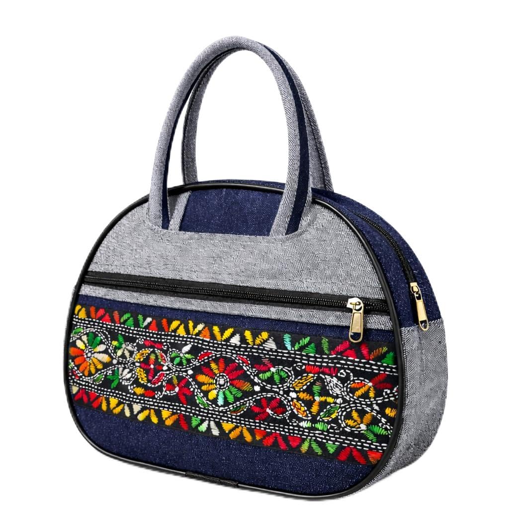 Women's Denim Handbag with Colorful Floral Embroidery, Round Shape, Dual Handles, Zipper Closure-image-9
