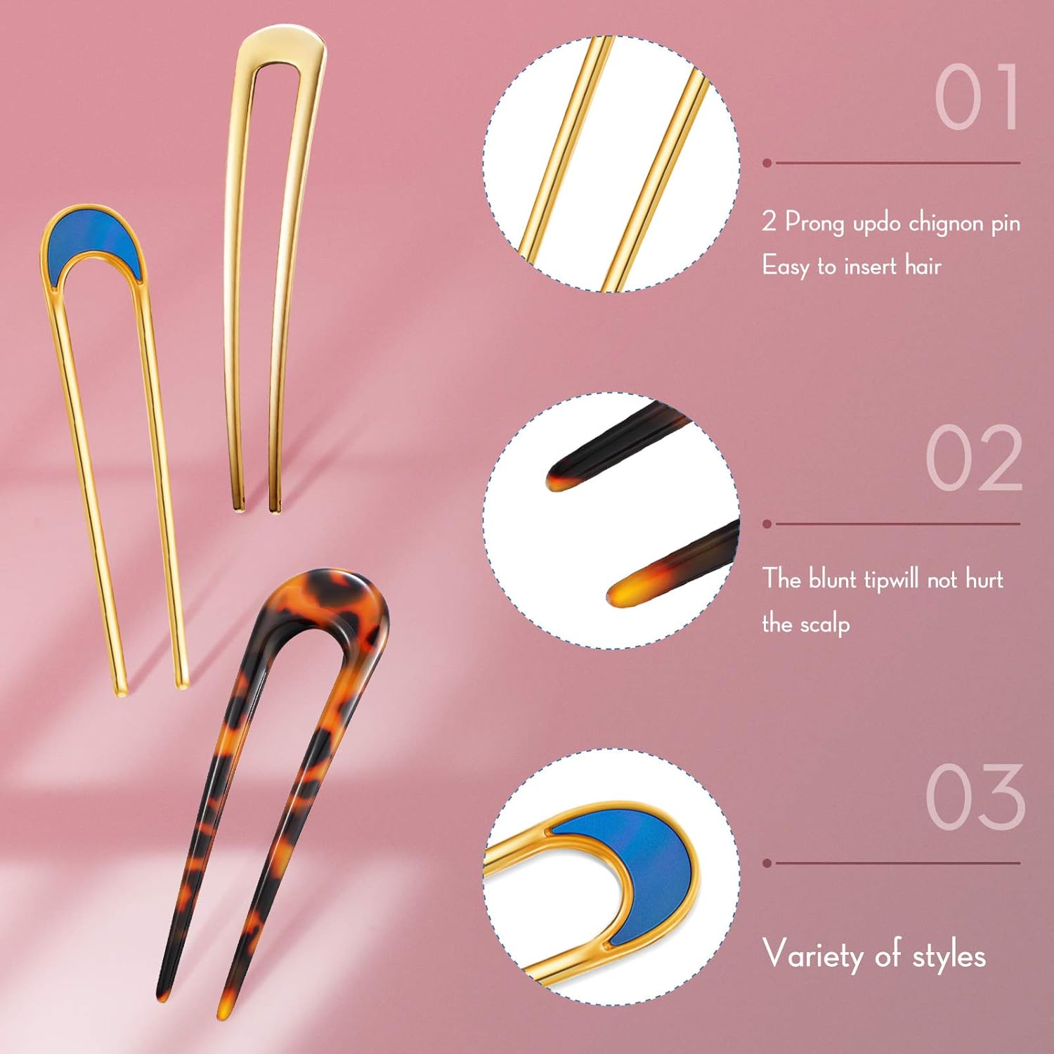 6 Pieces U Shaped Hairpin French Style Hair Stick Tortoise Shell Hair Pin Metal Hair Pin Fork Sticks 2 Prongs Updo Chignon Pins for Women Girls Hair Styling Accessories : Beauty & Personal Care