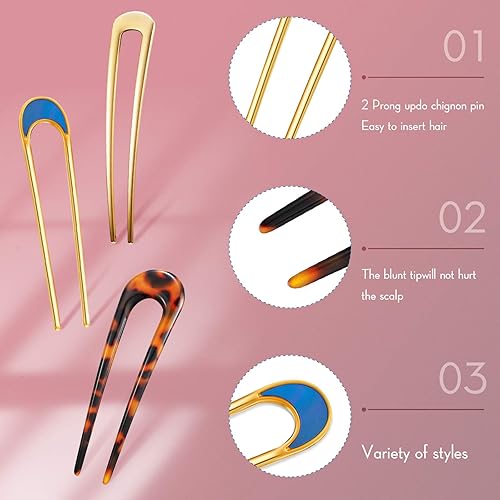 Miniatura 3 de 6 piezas de horquilla en forma de U estilo francés palillo de pelo de concha de tortuga, pin de metal para el pelo, 2 puntas para mujeres y niñas,