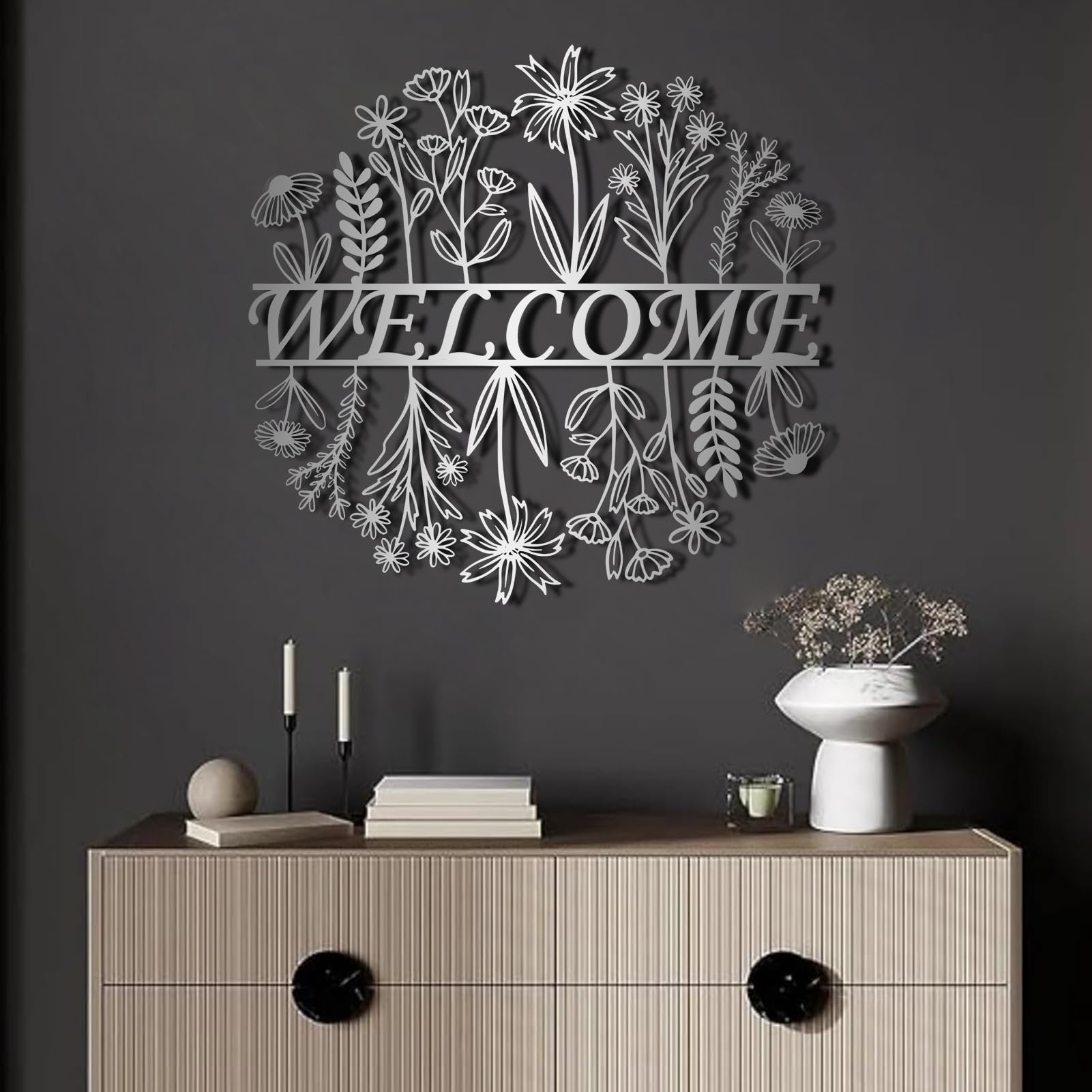 Dekoracja ścienna – nowoczesna, minimalistyczna metalowa dekoracja ścienna "Willkommen", tabliczka w stylu wiejskim na drzwi wejściowe, do ogrodu, na taras, werandę (biała, 120 x 116 cm, do