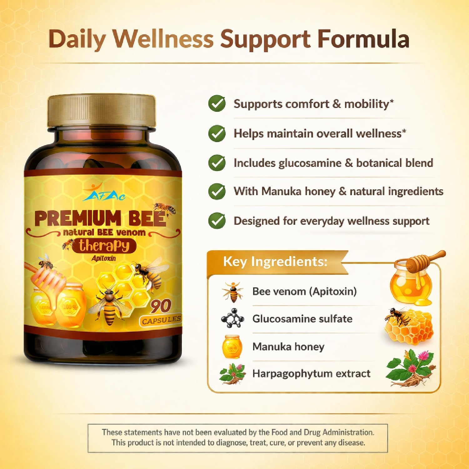 VITAMISAN Premium Natural Bee Venom with glucosamine sulfate Veneno Abeja 90 Capsulas Apitoxin Manuka Honey Dietary Supplement (Pack of 2)