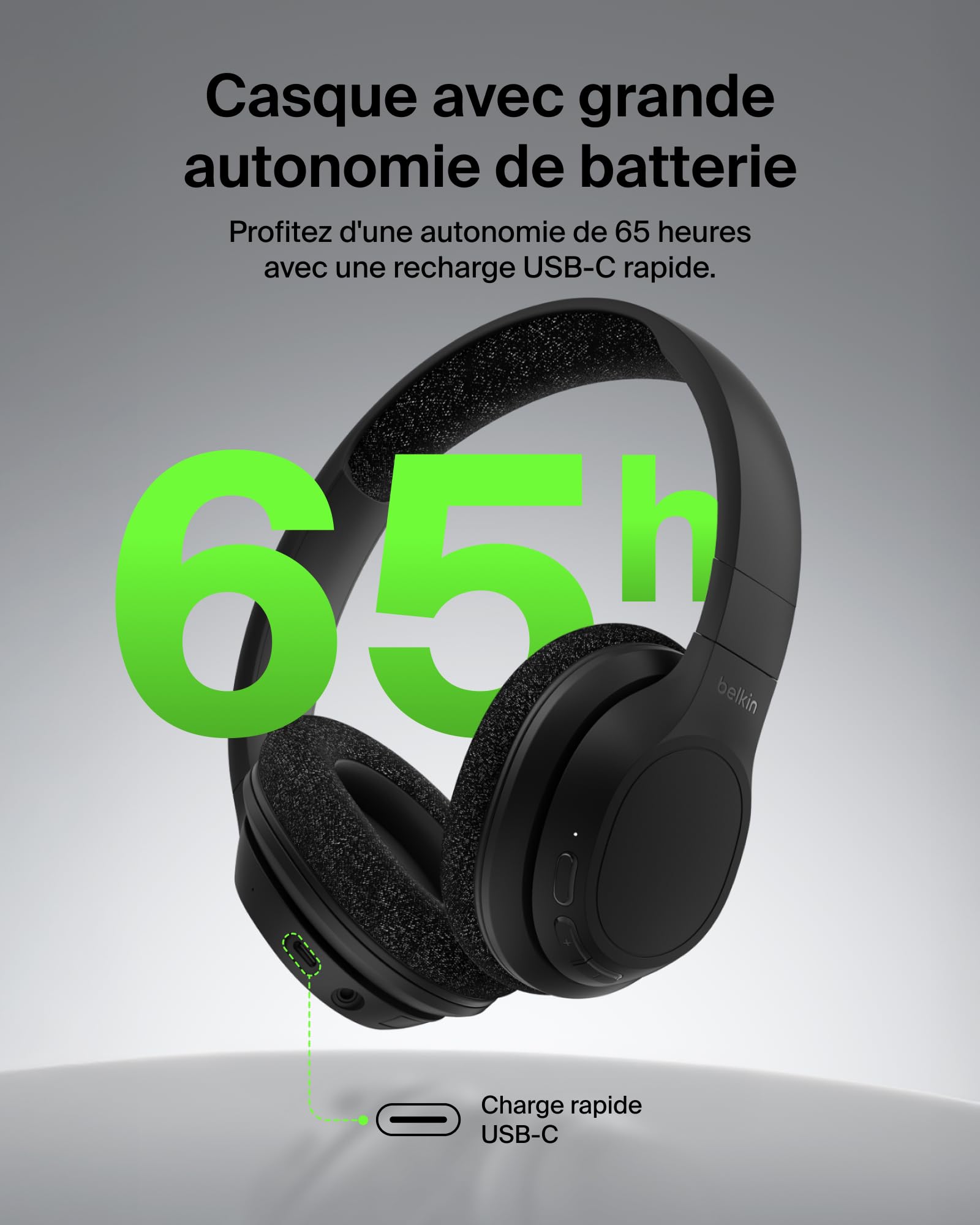 Belkin SoundForm Adapt Casque Audio sans Fil Circum-Aural avec Micro - Noir | Bluetooth 5.2, Micro Orientable Intégré, Connexion Multipoint, ENC, Autonomie de 65h, Recharge rapide