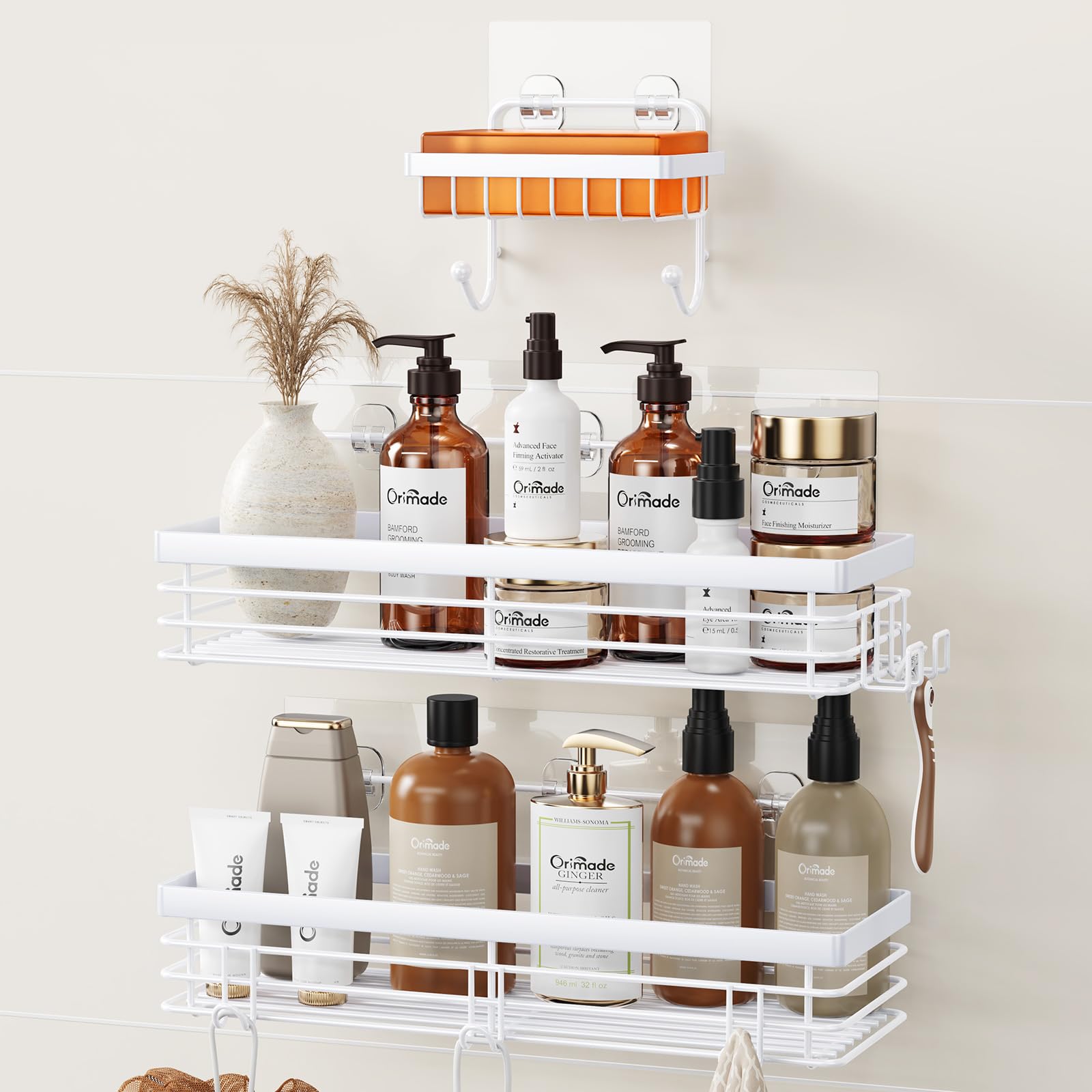 Panier de douche en acier inoxydable blanc Orimade rangement mural avec 5 crochets