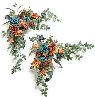 Gorgeously Decorated Rose Garland, 2 Pieces of Artificial Flowers, Suitable for Tabletop Center Planting Garden Decoration Used for Home Decoration and Weddings(Teal+Terracotta)