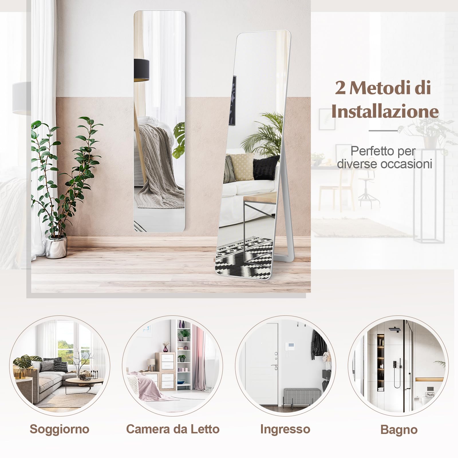 COSTWAY Specchiera da Terra Autoportante a Figura Intera, Specchio Rettangolare, Angolo Regolabile, 2 Metodi di Installazione, Bianco 160x37cm