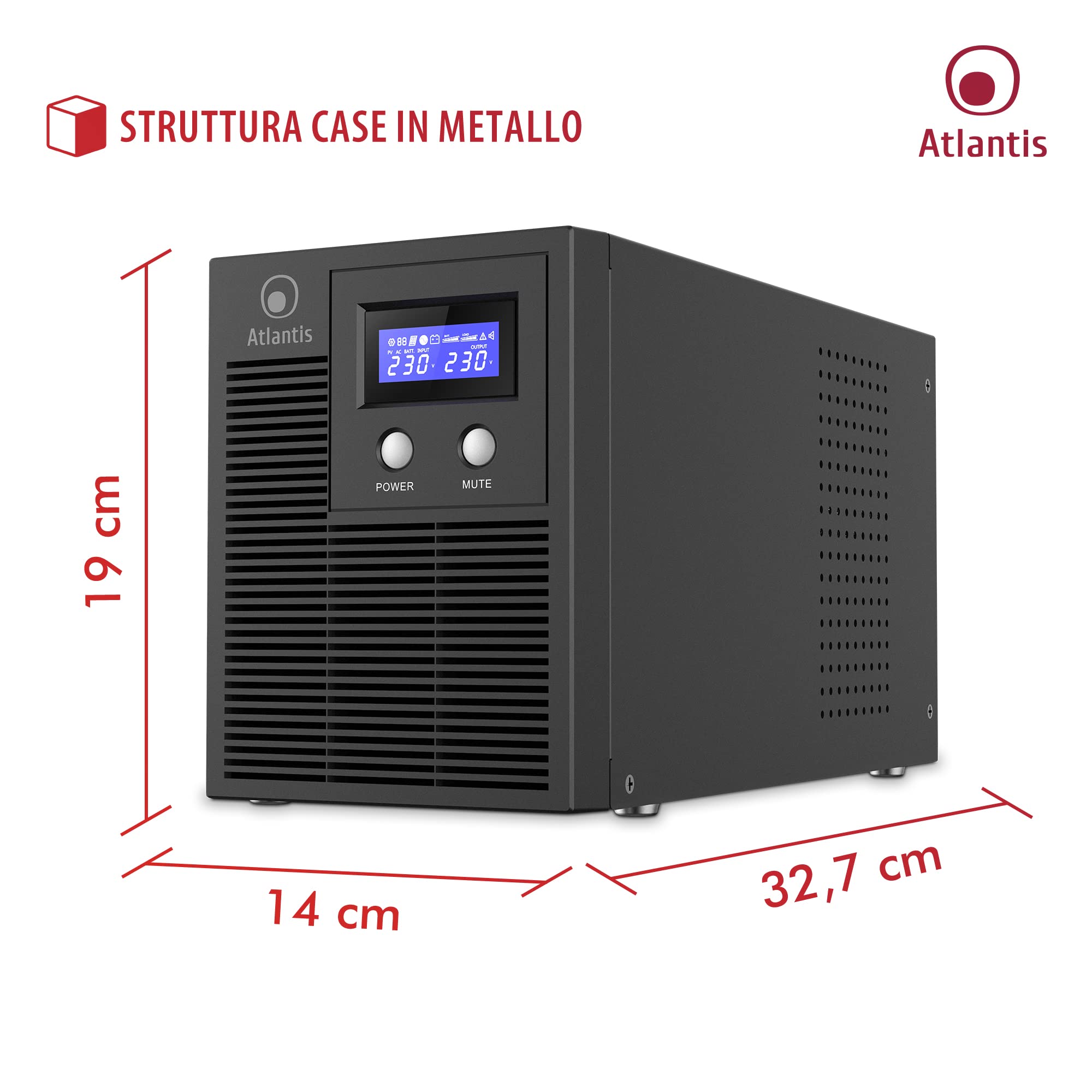 Atlantis A03-HP3003P Gruppo di Continuità Onda Sinusoidale Pura 2000VA 1400W Line Interactive, display LCD, porta USB-HID, 6 uscite IEC, 2 batterie 12V-9Ah, porta seriale RS232, slot per SNMP, softwar