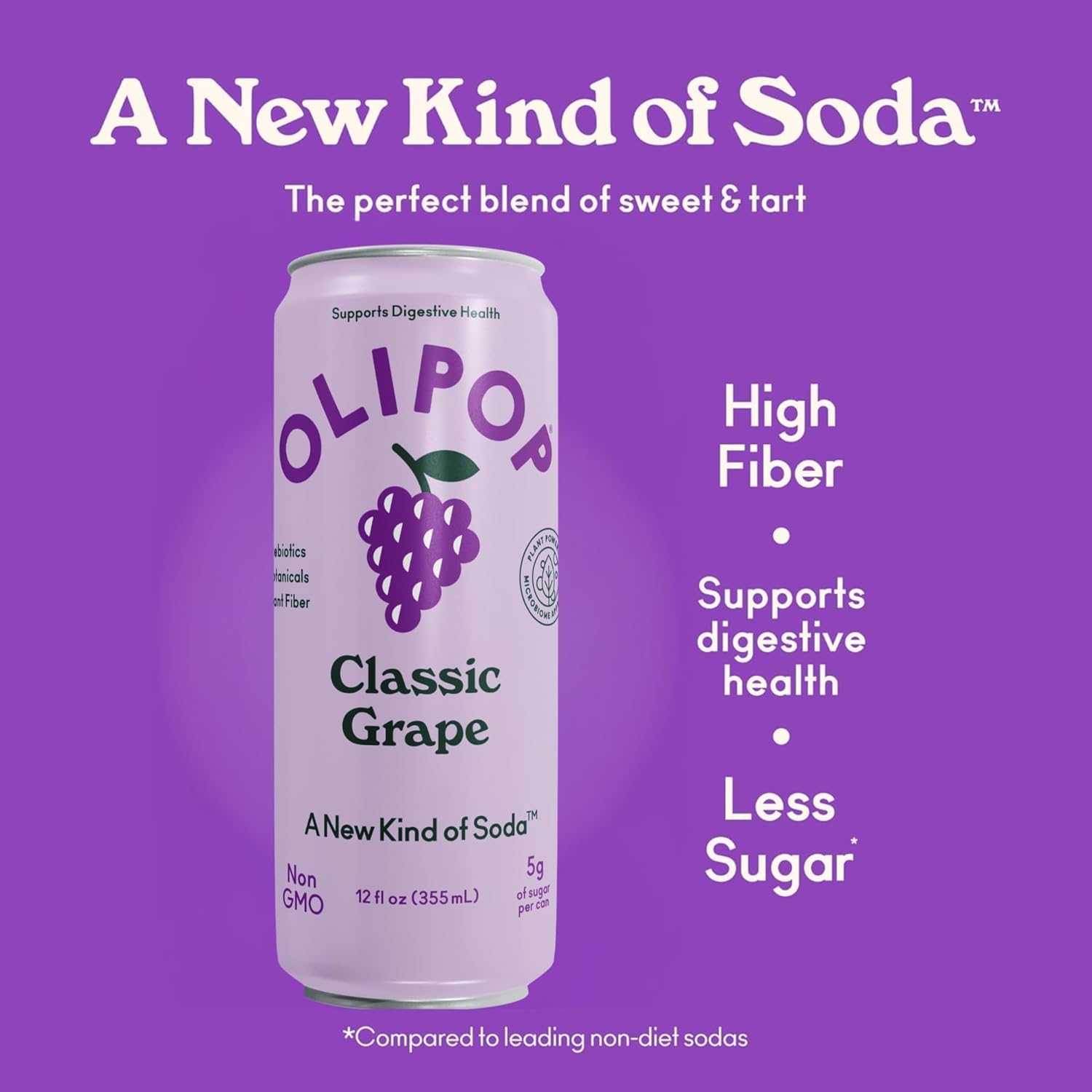 OLIPOP Prebiotic Soda Pop, Classic Grape, Pantry Pack Packed with Prebiotics, Fiber, and Botanicals, Gluten Free, GMO Free, 12oz Skinny (12-Cans)