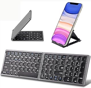 Foldable Bluetooth Keyboard with Numeric Keypad - Samsers Full Size Portable Wireless Keyboard with Holder, Rechargeable Pocket Folding Keyboard for IOS Windows Android Phone Tablet Laptop - Dark Grey