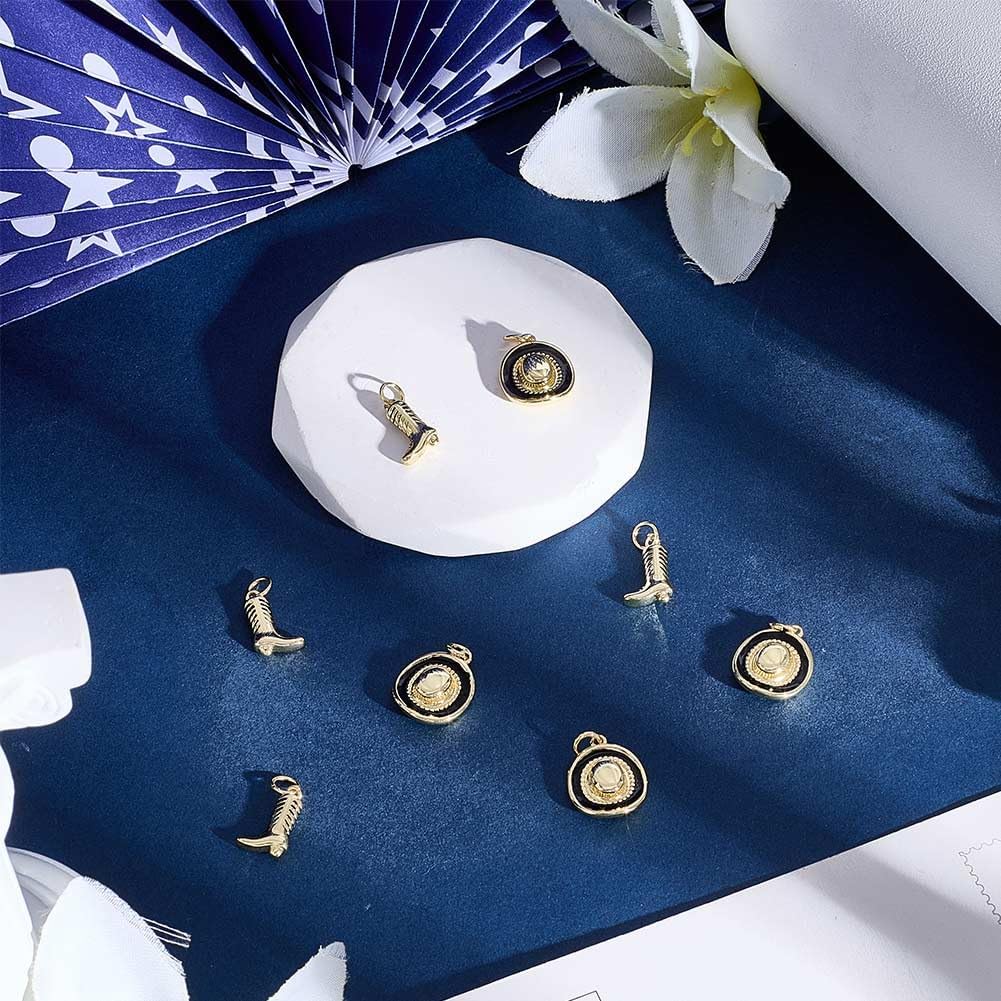 Beebeecraft 8Pcs Cowboy Hat and Boot Charms 18K Gold Plated Brass Antique Vintage Tibetan Western Cowboy Charms with Jump Ring for Jewelry Making Necklace Bracelets Earring Pendants DIY Crafts