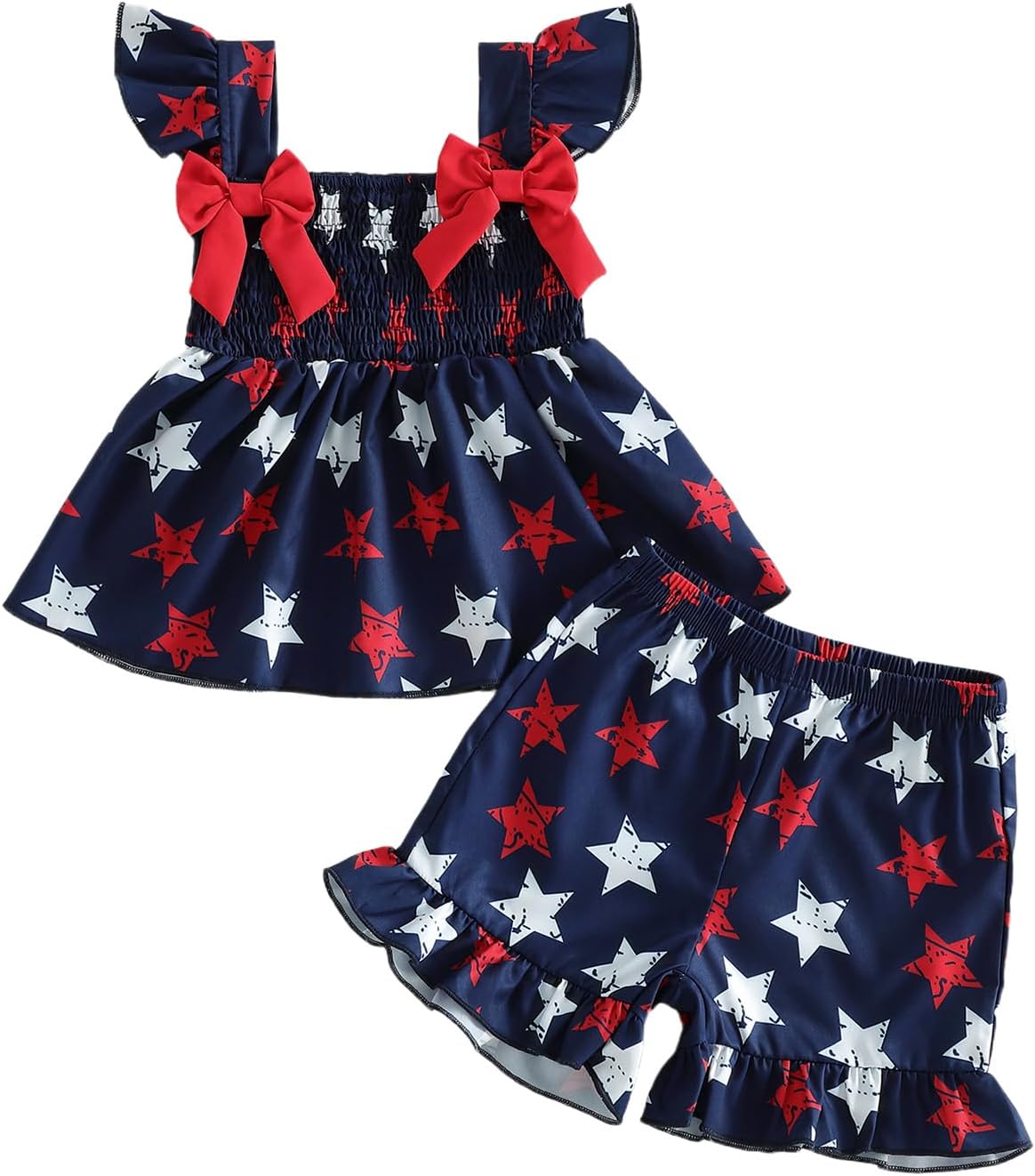 4th of July Baby Girl Outfits Star Print Bows Square Neck Flying Sleeve Tops Shorts Toddler Girl Summer Clothes