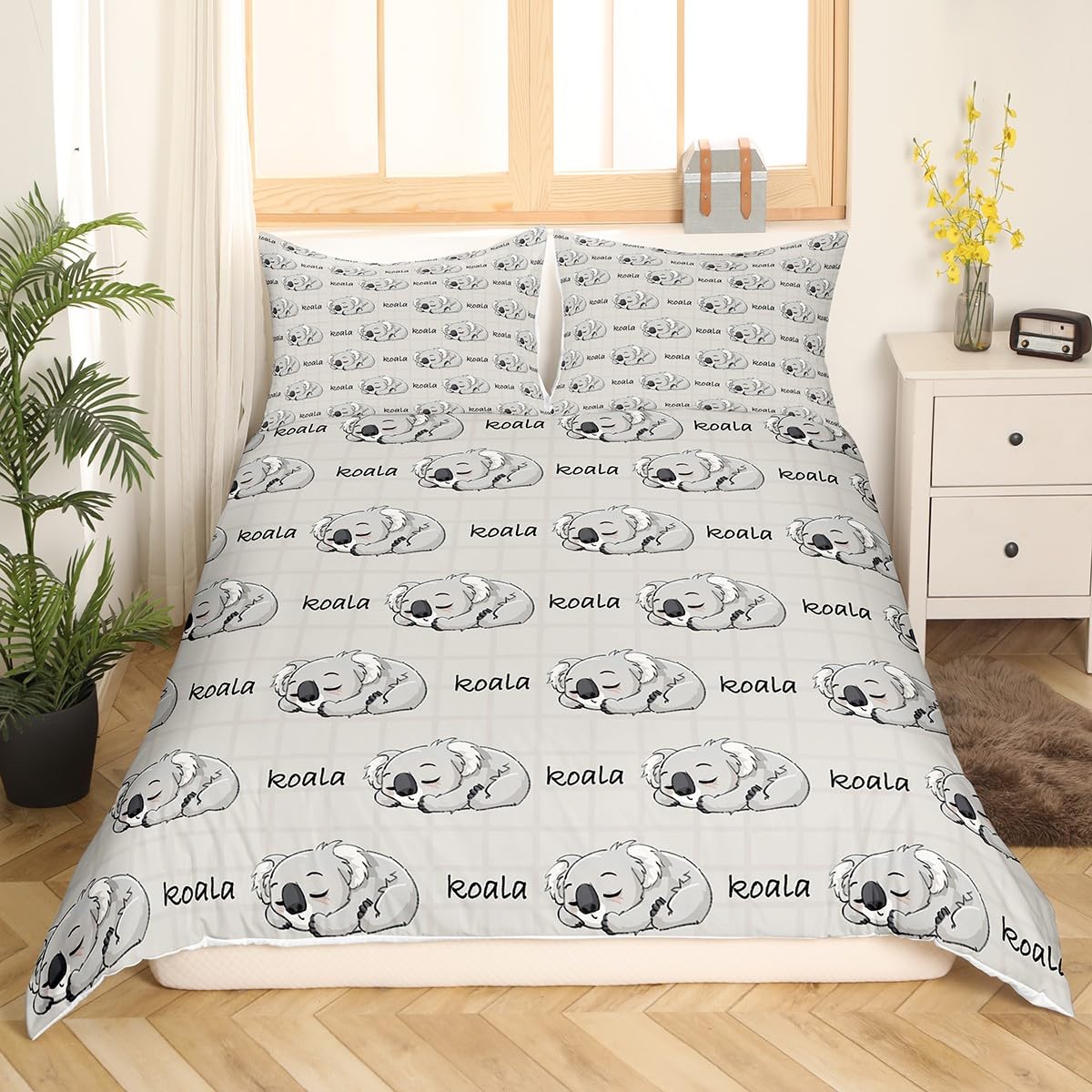 Housse de couette koala enfant 200x200cm : le lit mignon gris brun facile à border