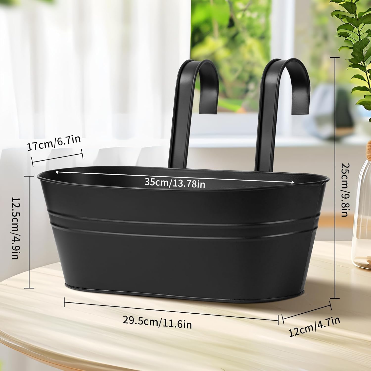 Zishine 5 Pcs Metal Iron Hanging Flower Pots 13.7 Inch Iron Railing Planter Hanging Planters for Outdoor Plants Metal Hanging Bucket Pots with Drainage Holes and Hooks for Outdoor Porch(Black)