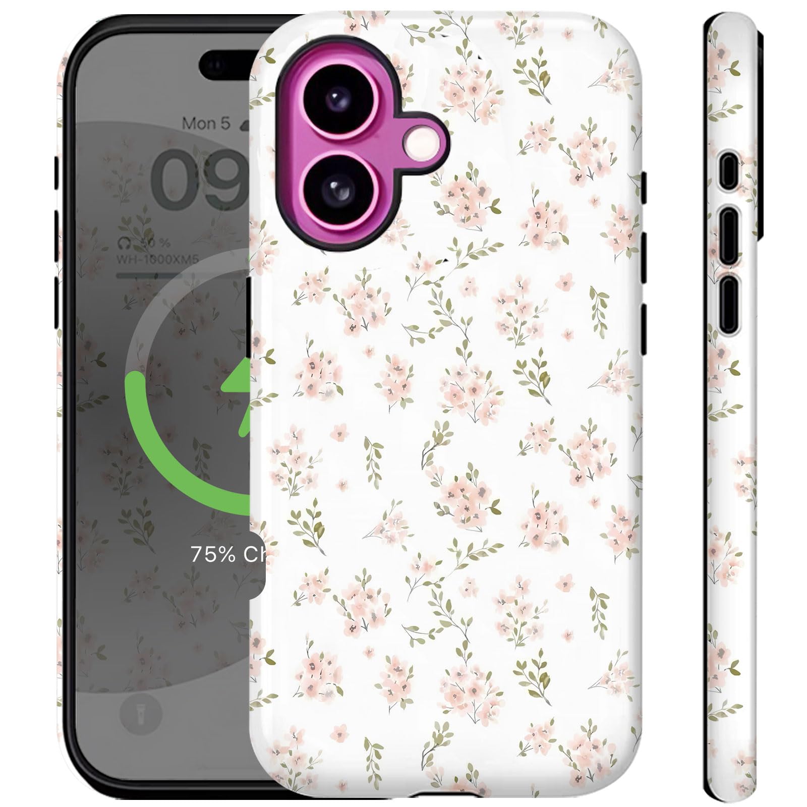 Compatible for iPhone 16 Plus Case For Women Girls Cute Aethetic Flowers Design [Compatible with Magsafe] White Pink Florals Girly Pretty Rugge