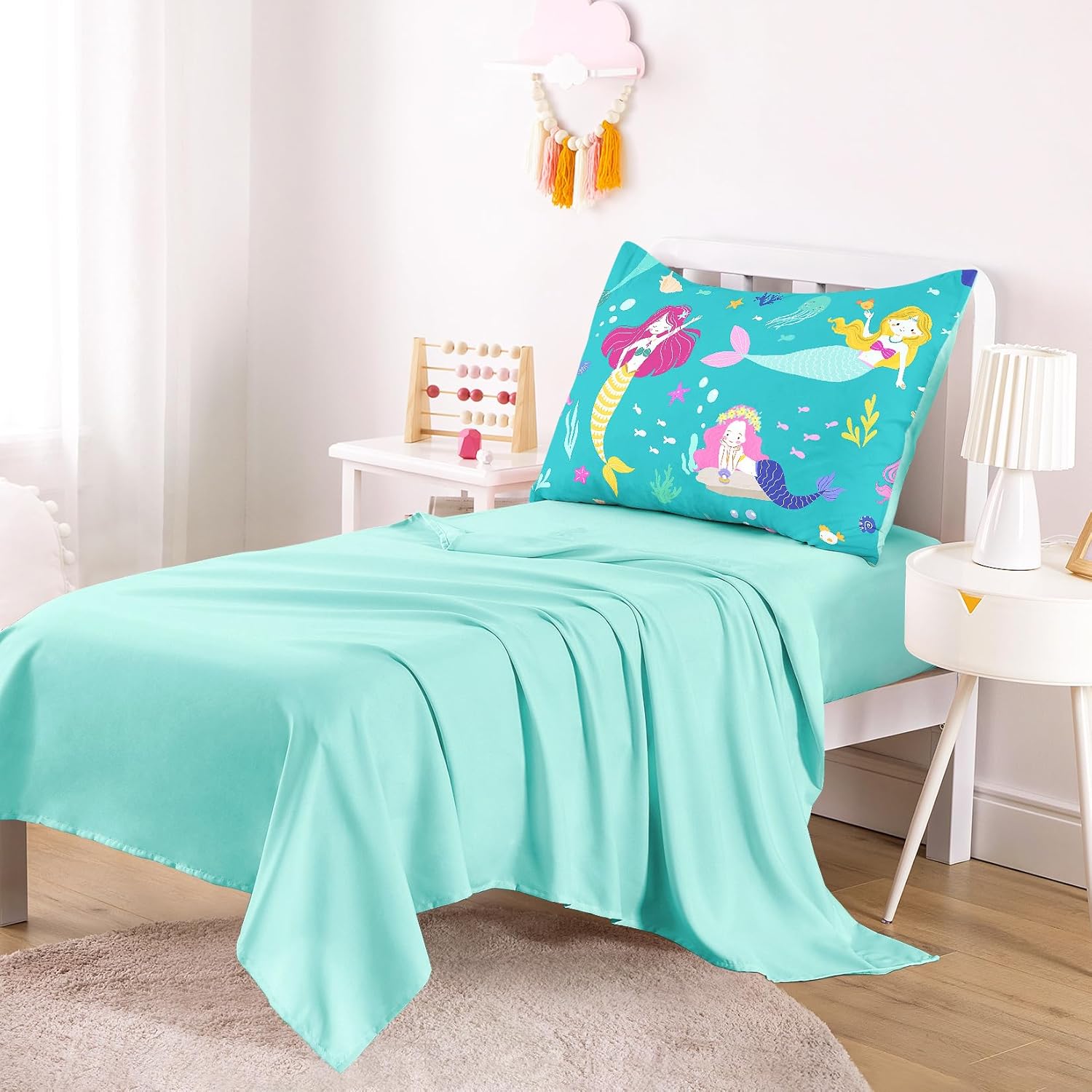 Wake In Cloud - Toddler Bedding Set for Girls, Mermaid Ocean Sea Animal, 4 Pieces Soft Crib Bed Set Including Comforter, Sheets and Pillowcase, Aqua Blue