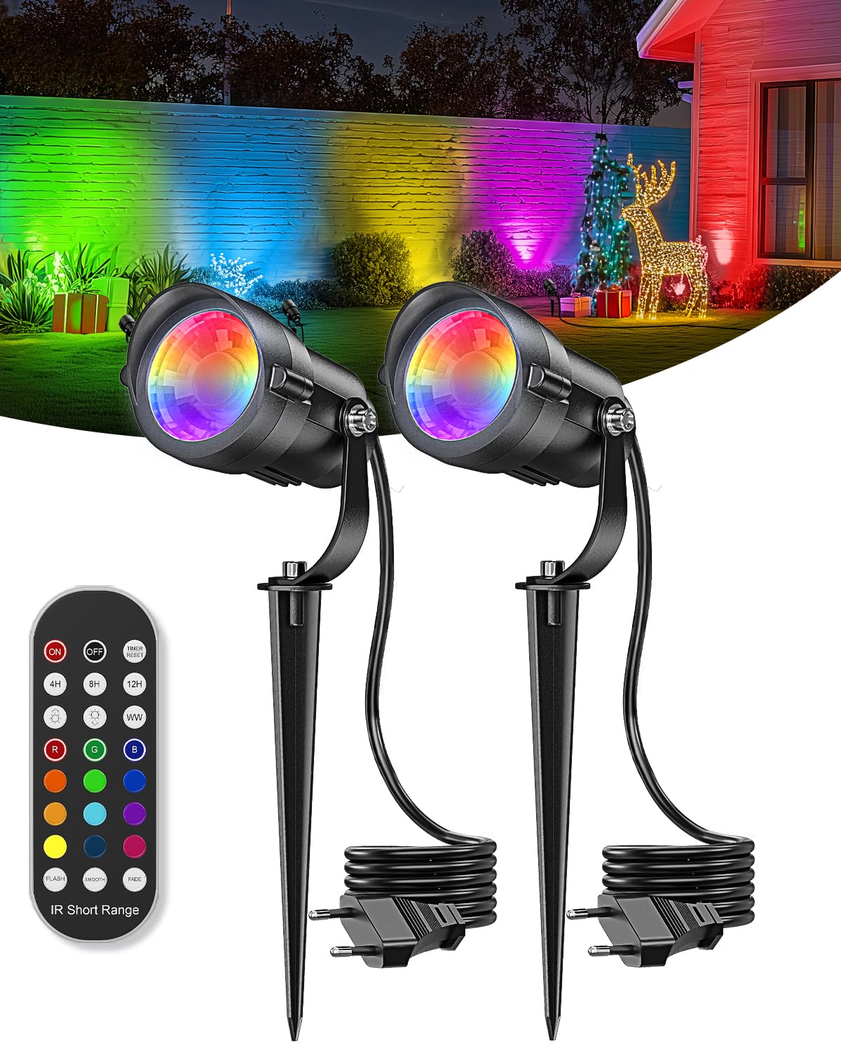 12W RGB Faretti da Giardino picchetto per Natale con Puntale a Terra + Telecomando, Faretto LED Dimmabile Controllo Cambio Colori con Alimentazione Elettrica, Timer Impermeabile per Giardino