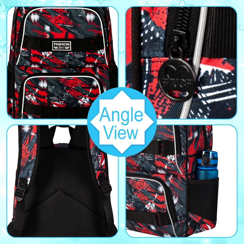 HPJGD 3PCS Backpacks for Boys, 17" Water Resistant Kids Bookbag with Lunch Box, Cute School Bag Set for College Teenagers High Middle Elementary - Graffiti Red