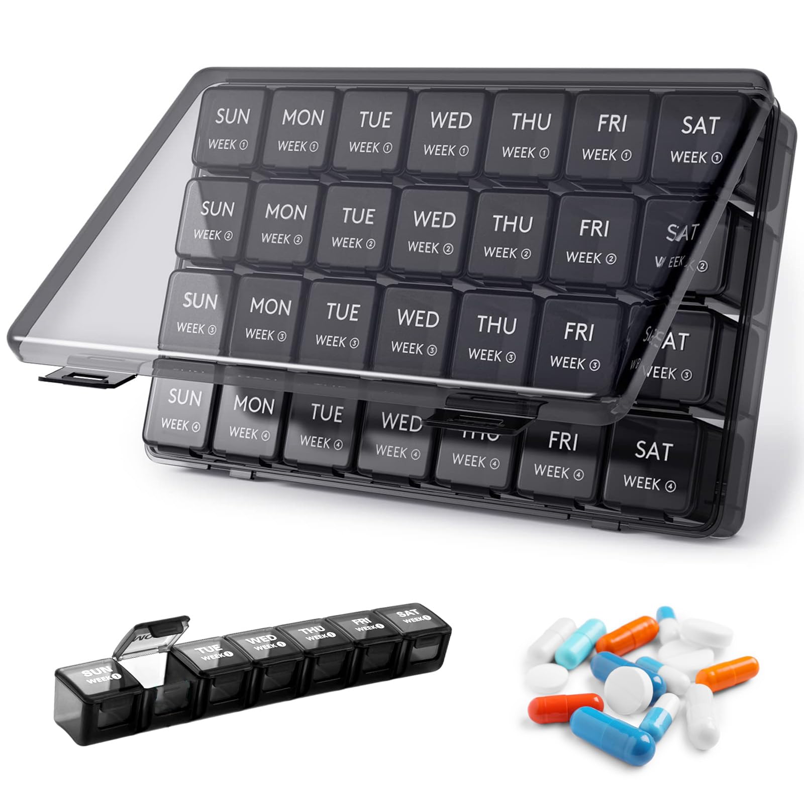 Monthly Pill Organiser, 28 Day Pill Box Organiser by Week, Large 4 ...