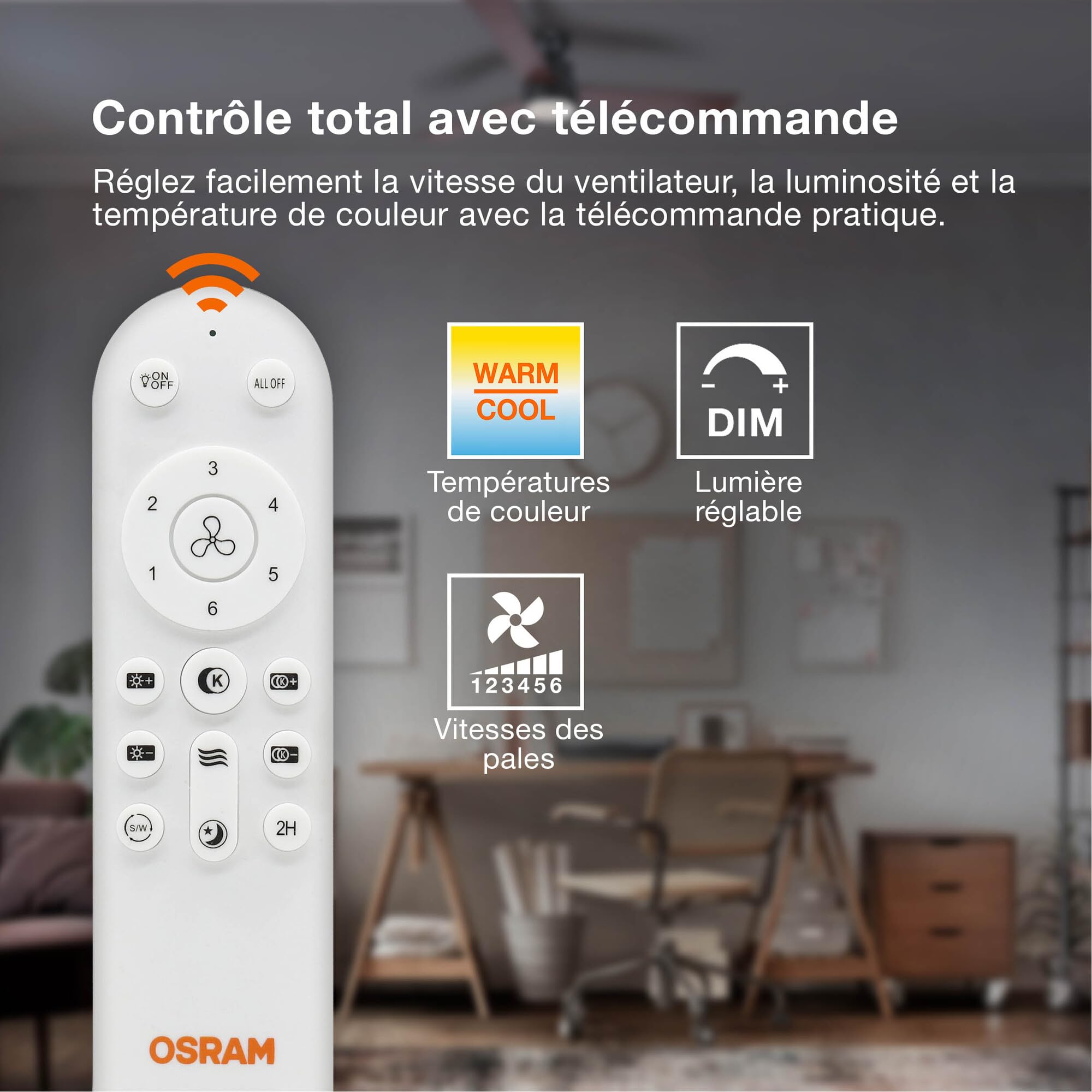 Osram Ventilateur de plafond LED Leste, blanc, 21 W, 1200 lm, 3000/4000/6500 K, 445 mm, angle de faisceau 110°, durée de vie 20000 h, IP20, dimmable, télécommande incluse