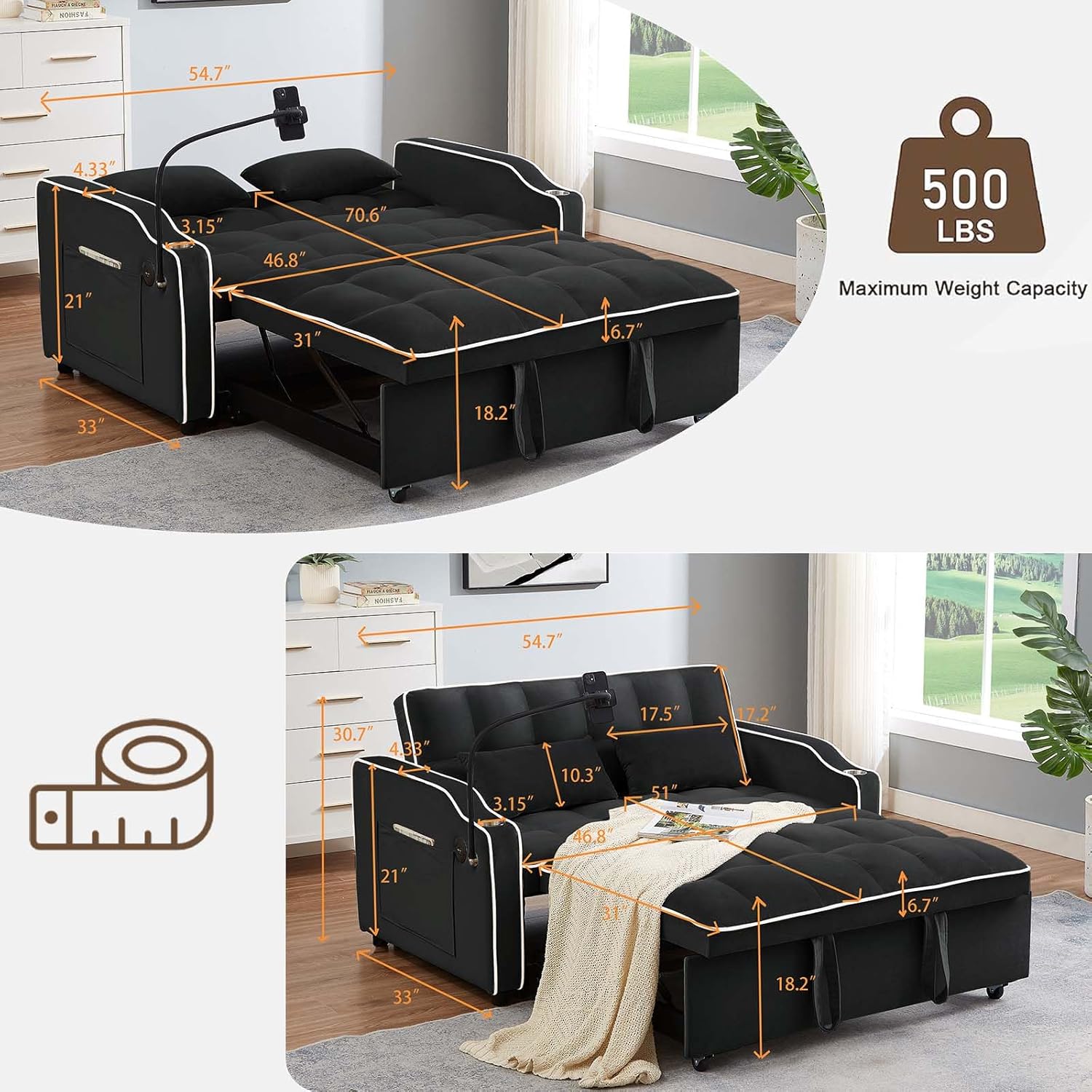 3 in 1 Velvet Pull Out Sleeper Sofa Bed with Cup Holder&USB Port, Modern 2-Seater Convertible Futon Couch Loveseat with Phone Stand&Storage Pockets for Living Room Apartment (Black)