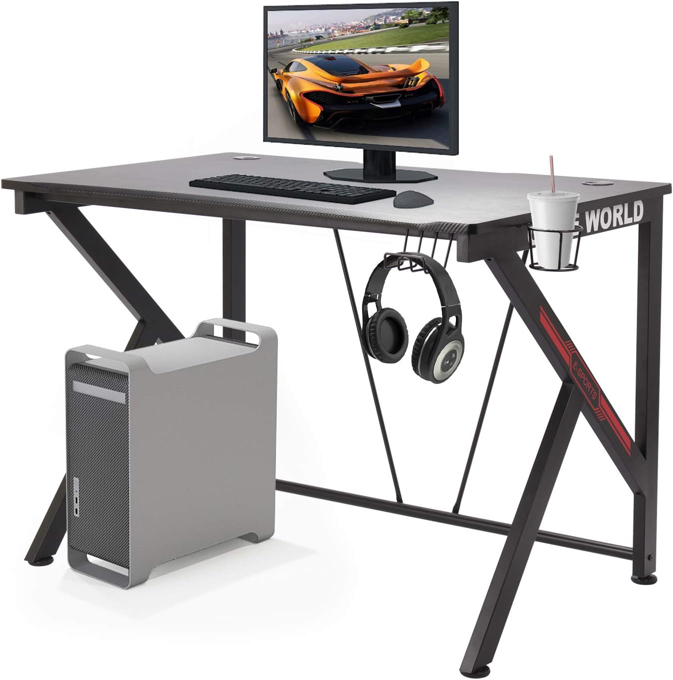 COZUHAUSE K-Shaped Computer Gaming Desk 42.12" Black Carbonized Pattern with Shelf for Plug Board,Headphone Hook,2 Wire Take-up Hole and Cup Holder Gaming Table Workstation