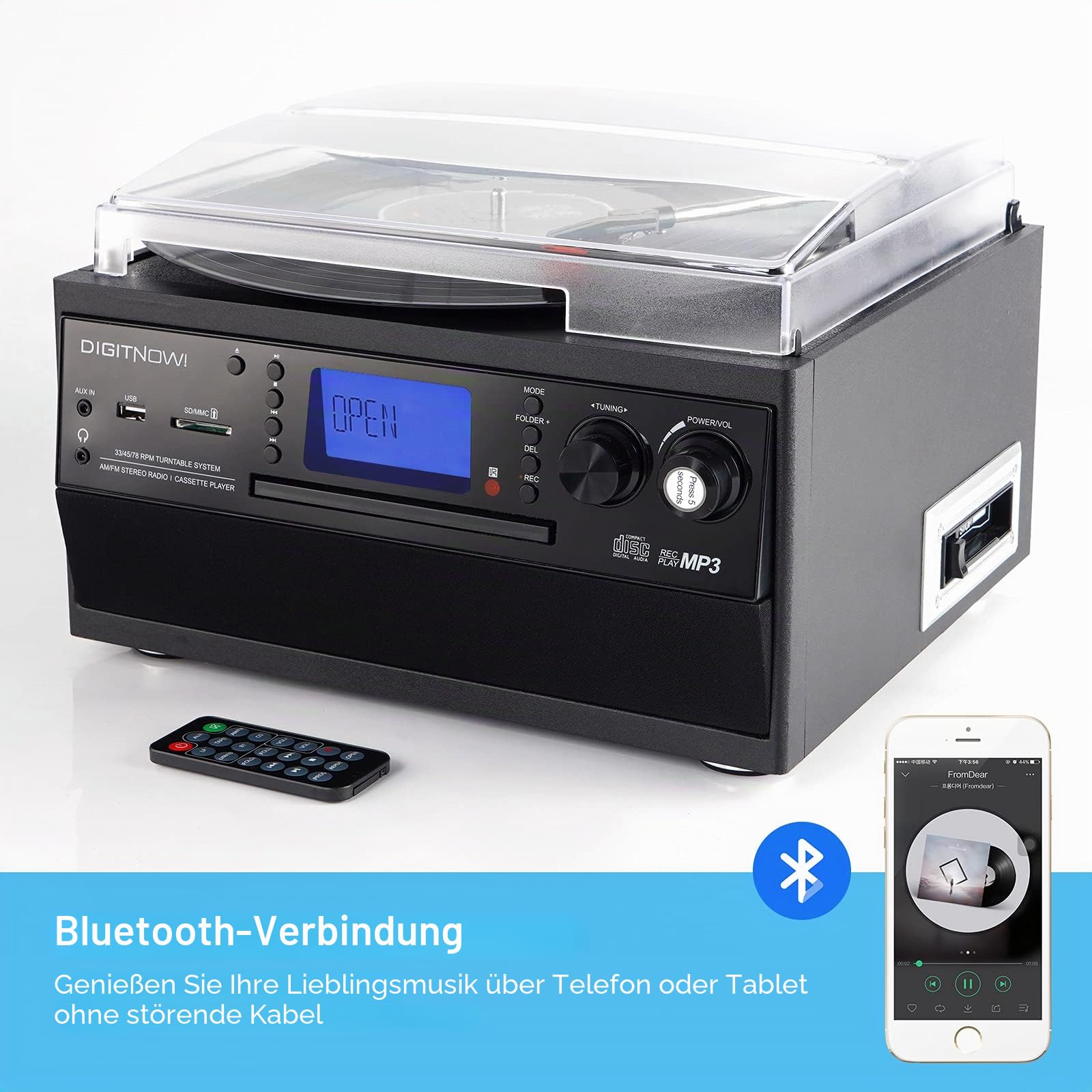 DIGITNOW! Bluetooth Viny Plattenspieler Plattenspieler für CD, Kassette, AM/FM Radio und Aux In, USB-Anschluss und SD-Codierung, Fernbedienung, mit eigenständigen Stereo-Lautsprechern