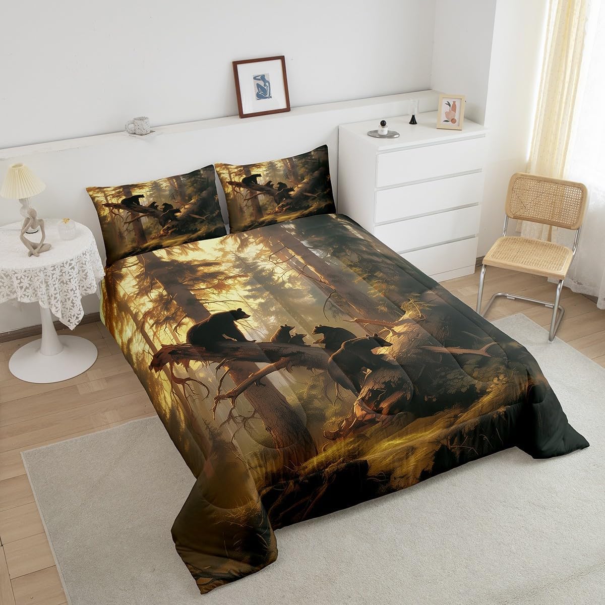 Castle Fairy Warm Bear Family Full Size Comforter Set,Wild Animals Bedding Set for Adults Teens,Children Cute Bear Baby Comforter Luxury Tree Leaf Quilt Set Room Decor 3Pcs