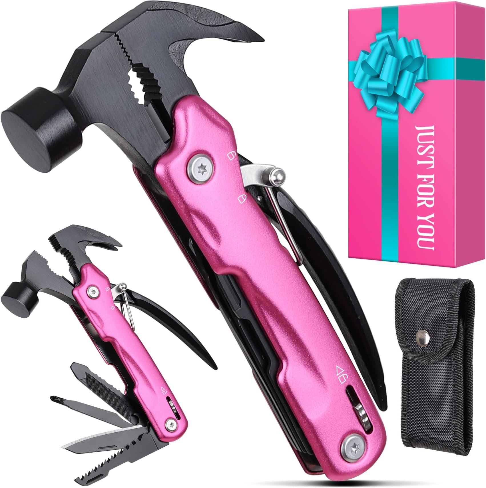 Pink Multitool Hammer Camping Essentials Gear - Stocking Stuffers for Women - 12 in 1 Multi Tool with Screwdrivers Pliers Knife Bottle Opener for Hiking, Christmas Mothers Day Birthday Gifts for Mom