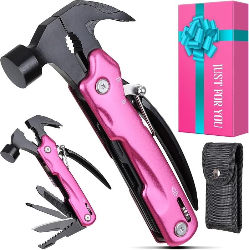 Martillo multiherramienta rosa Camping Essentials Gear – Relleno de medias para mujeres – Multiherramienta 12 en 1 con destornilladores, alicates, cuchillo, abridor de botellas para senderismo, Navidad, Día de la Madre, regalos de cumpleaños para mamá