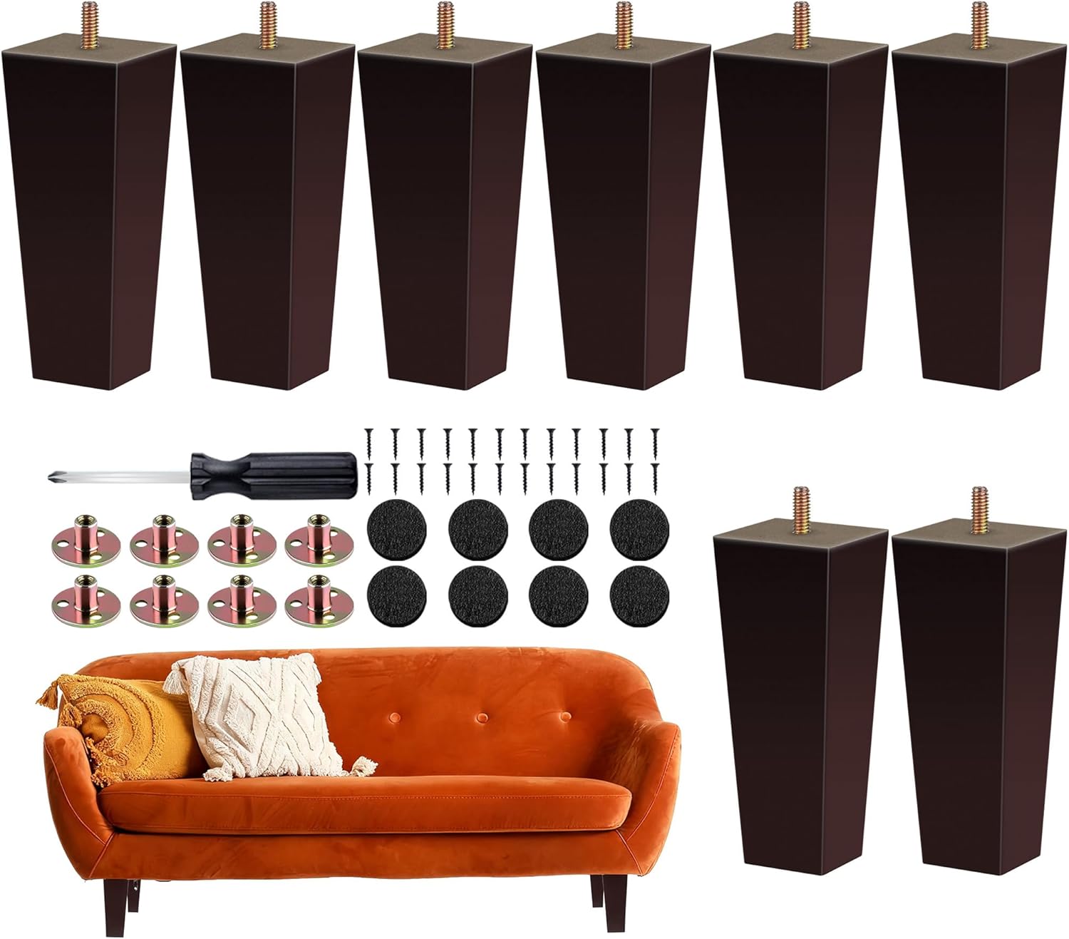 Ruisita Set of 8 Wood Furniture Legs 6 Inch Square Solid Wood Couch Legs Natural Wooden Replacement Legs for Sofa Furniture Armchair, Cabinet, Chair, Footstool, Mid Century Modern Dresser, Brown