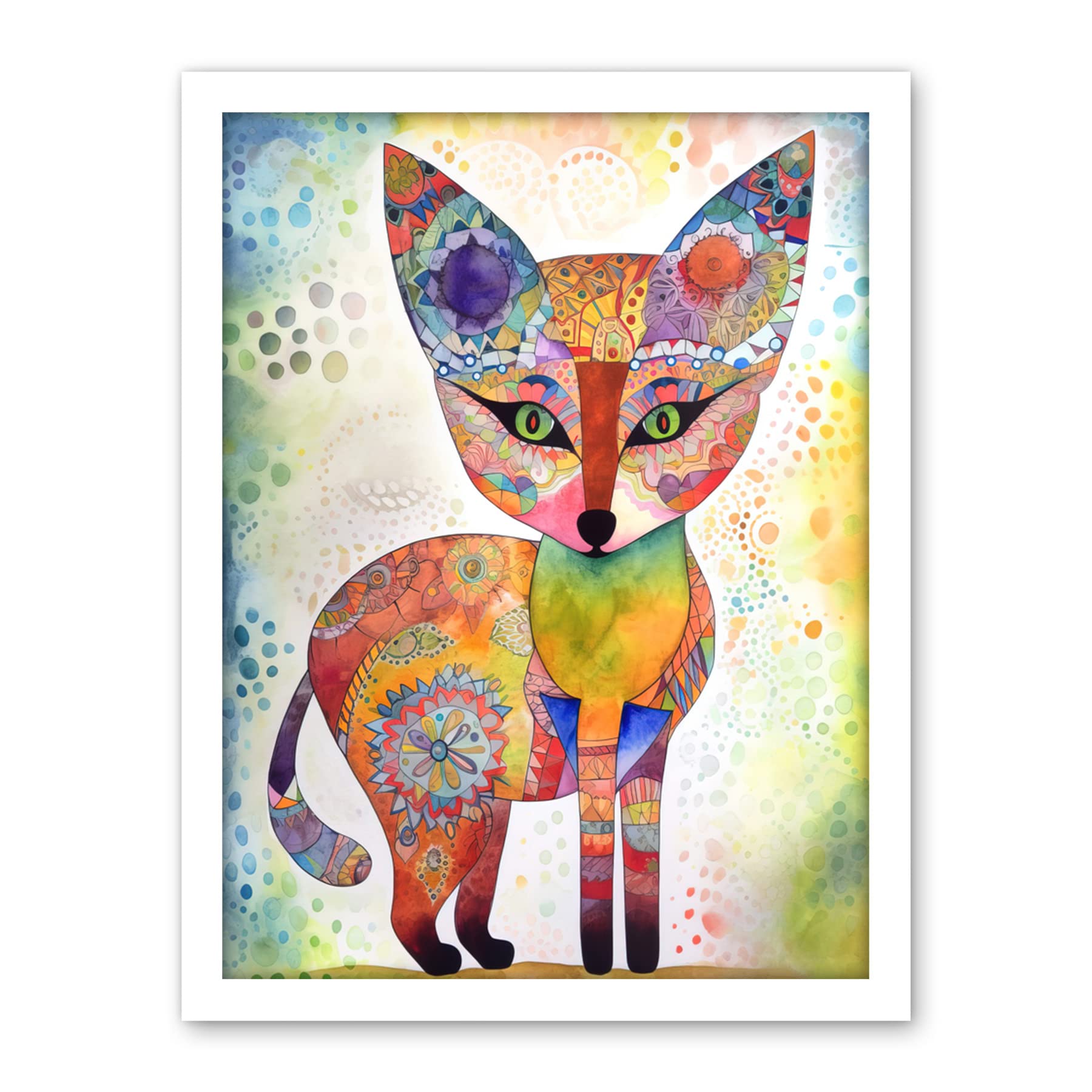 Artery8 Fox Folk Art Watercolour Painting Artwork Framed Wall Art Print 18X24 Inch