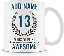 Personalised 13th Birthday Mug for Boys – Add Name – “13 Years of Being Awesome” – Blue Design – Teen Boy Birthday Gift – Dishwasher & Microwave Safe Ceramic Cup 11oz UK