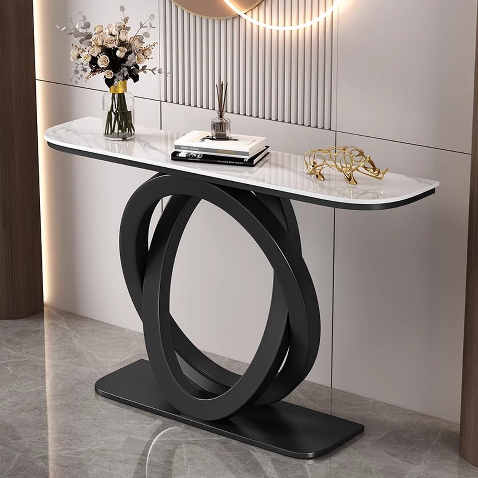 MESCXTY Console Table, Modern Entryway Table with Oval Frame, Narrow Faux Marble Accent for Living Room, Hallway, Entrance(39 Inch, White & Black)