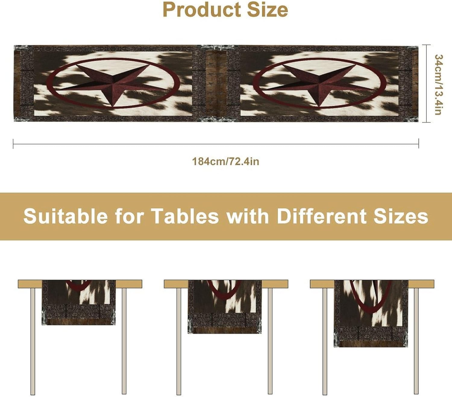 Cowhide Print Table Runner,Cowhide Rustic Fur Wood Western Geometric Stars Burlap Tablecloth Kitchen Table Cover for Dining Room Kitchen Coffee Table Decor,W13X L108