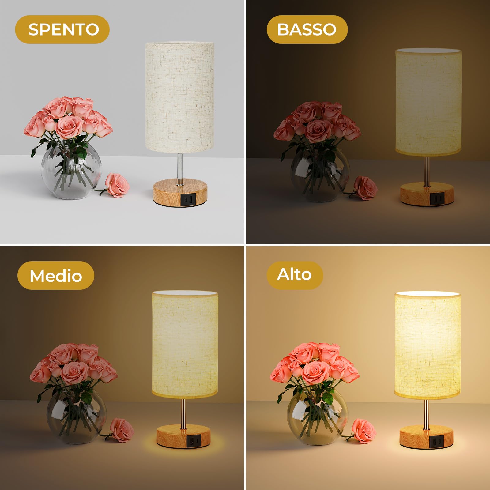 Suright Lampada da Comodino Touch Dimmerabile Set di 2, Abat Jour da Comodino con Porte di Ricarica USB A+C, Lampada da Tavolo Piccola per Camera da Letto Soggiorno (Lampadina Inclusa)