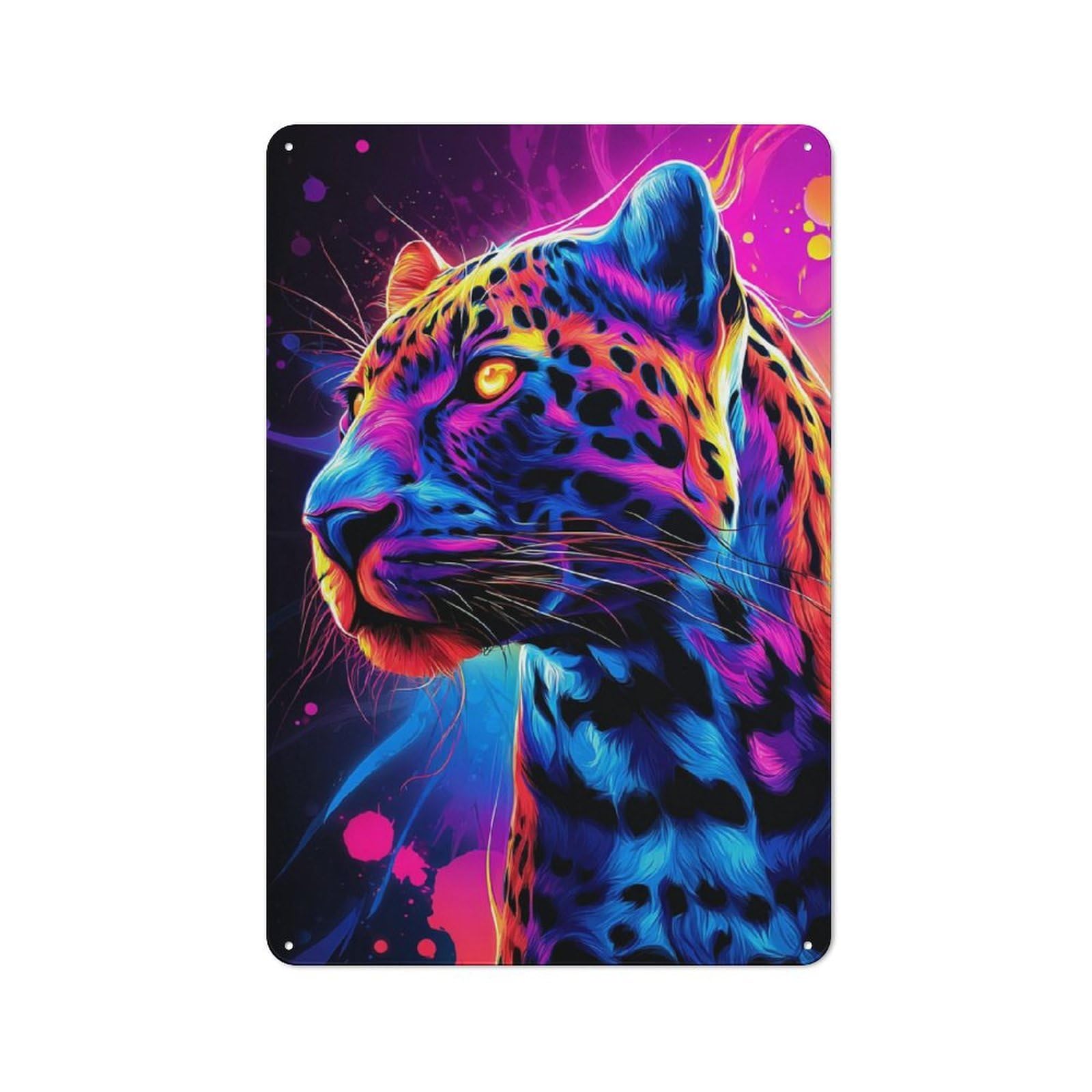 Junmoney Neon Leopard Vibrant Artwork -1 Metal Wall Plaque 30X20cm, Everyday Small Space Decor For Flat, Dorm Room, Lounge Or Cafe