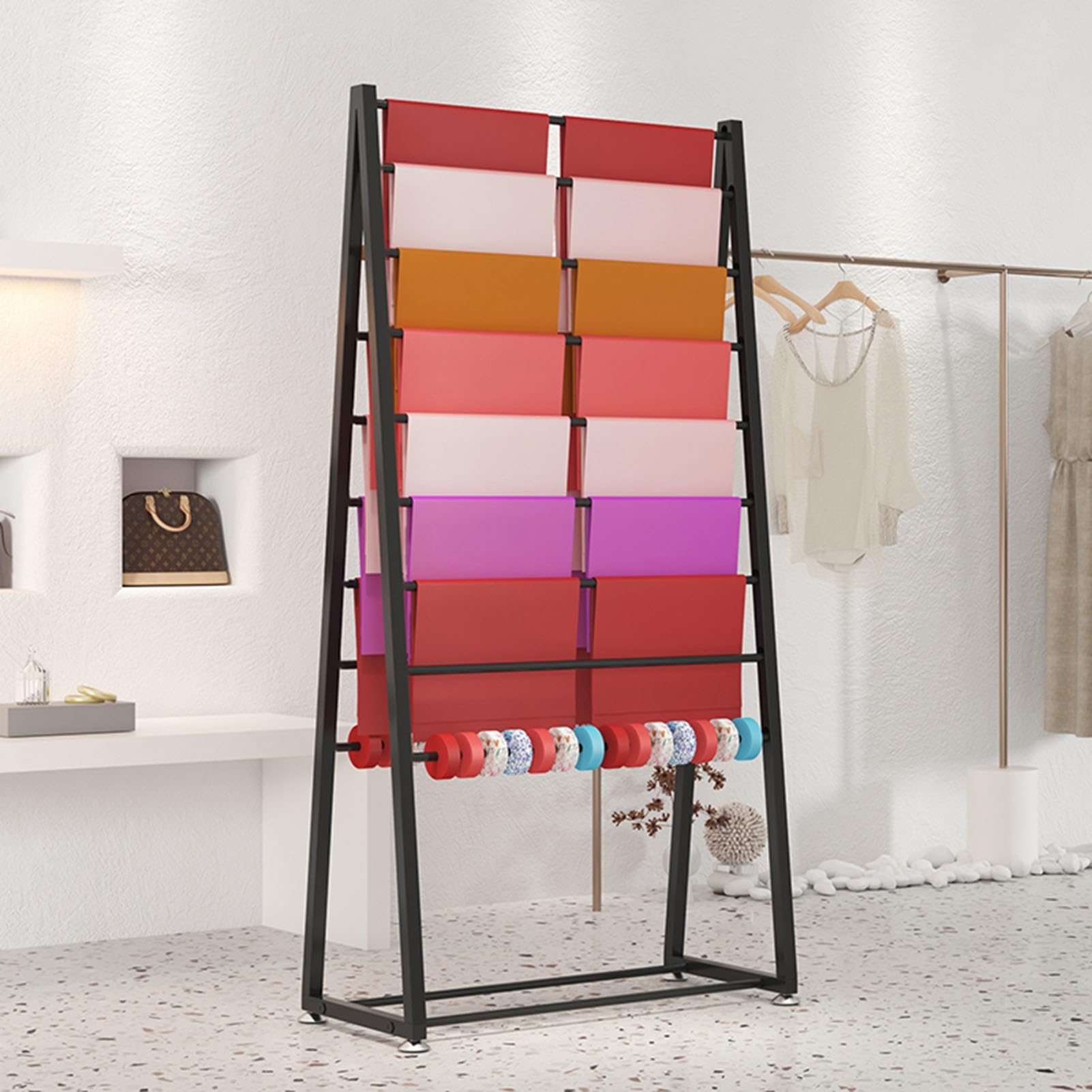 Retail Wrapping Paper Holder Rack, Floor Standing Commercial Roll Wrapping Paper Display Stand for Retail Store/ Florist/ Gift Shop/ Craft Room, Removable Hanging Rod for Easy Access(Black,100x35x170c