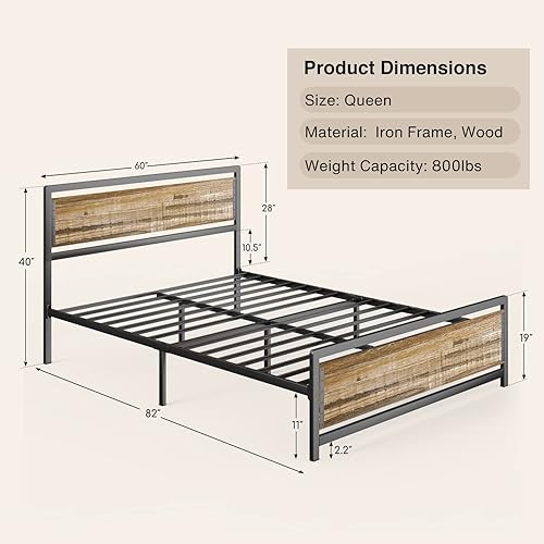 Miniatura 9 de Gizoon Cama de plataforma de metal Queen con cabecera de madera, listones de hierro de 15 pulgadas, gran almacenamiento debajo de la cama, sin